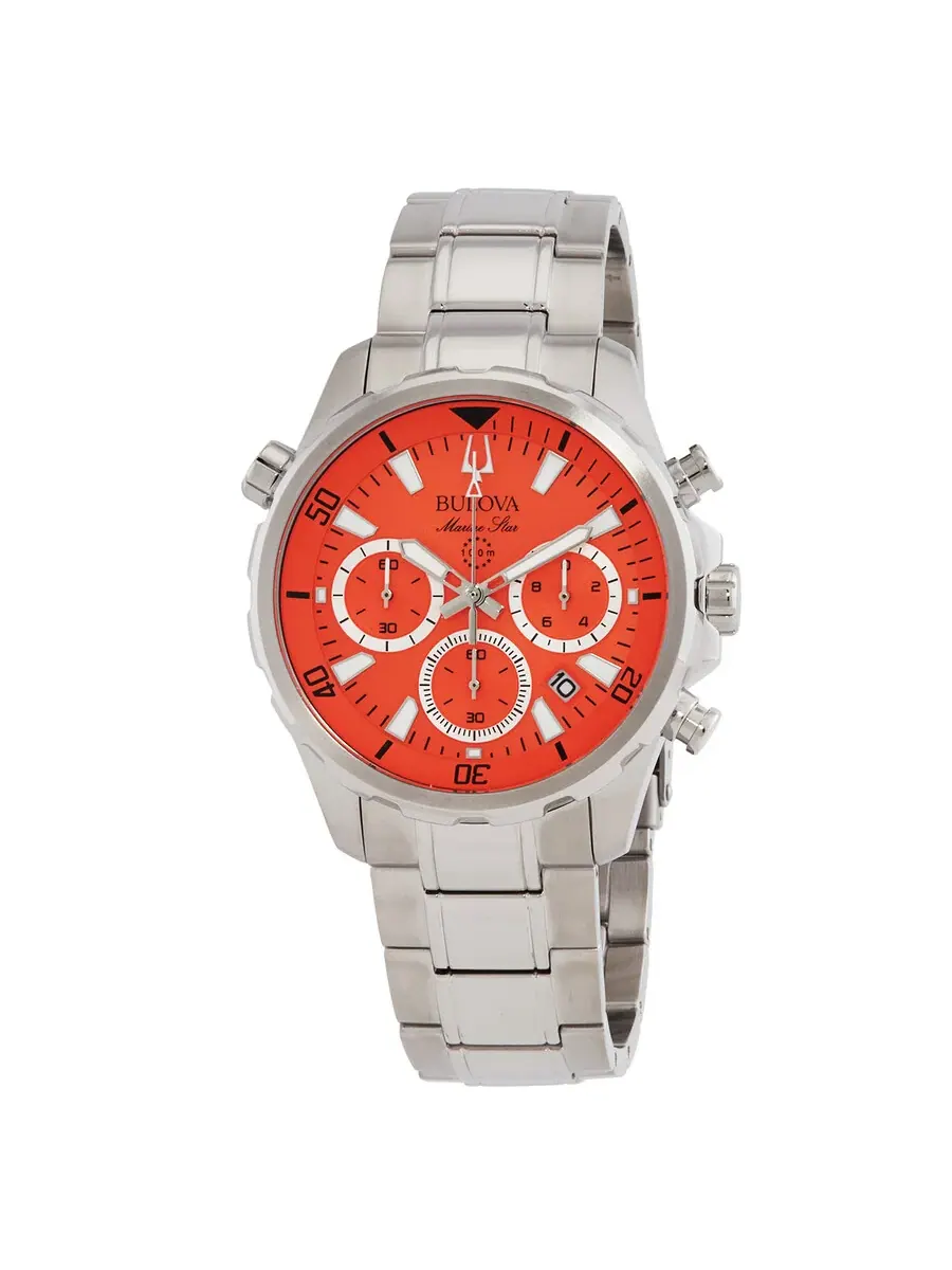 Мужские часы Bulova Marine Star Chronograph Quartz с оранжевым циферблатом 96B395 — изображение 1 из 3, оттенок серебряный