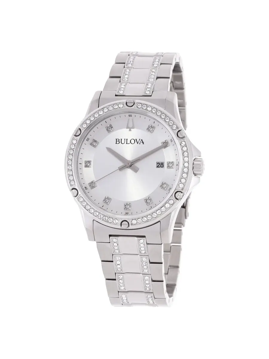 Мужские часы Bulova Quartz с бриллиантами и хрустальной отделкой 96K114 — изображение 1 из 4, оттенок серебряный