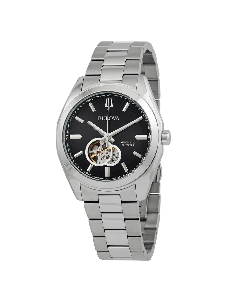 Мужские часы Bulova Surveyor с автоматическим механизмом и черным циферблатом 96A270 — изображение 1 из 3, оттенок серебряный