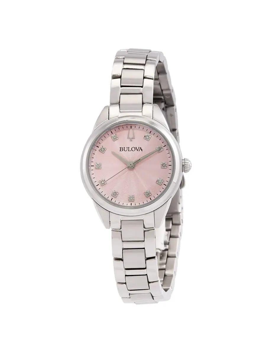 Женские часы Bulova Sutton Quartz с розовым циферблатом и бриллиантом 96P249 — изображение 1 из 3, оттенок серебряный