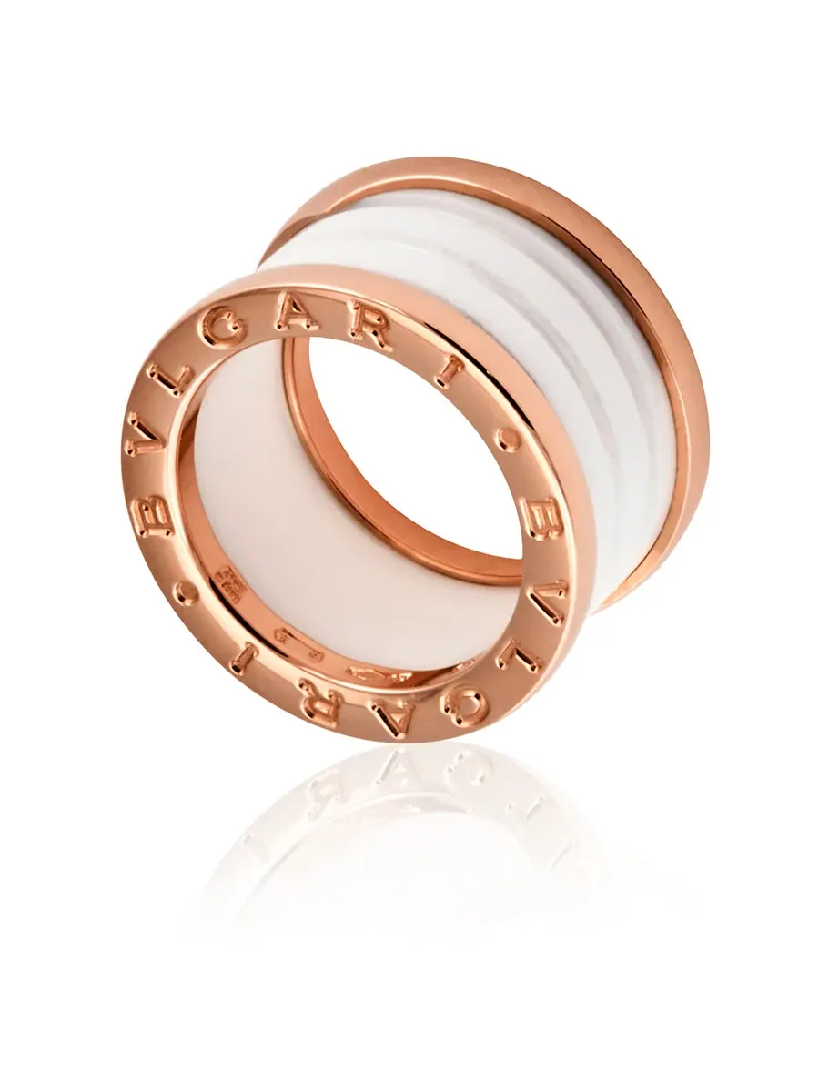 Кольцо Bvlgari B.Zero1 с 4 полосками, 18-каратное розовое золото и белая керамика, брендовый размер 50 — изображение 1 из 4