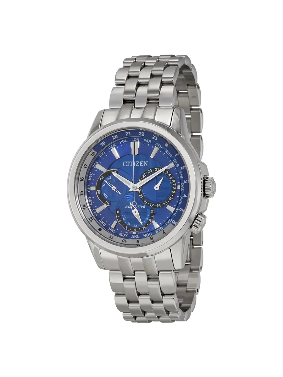 Мужские часы Citizen Calendrier Eco-Drive World Time с темно-синим циферблатом BU2021-51L — серебристый
