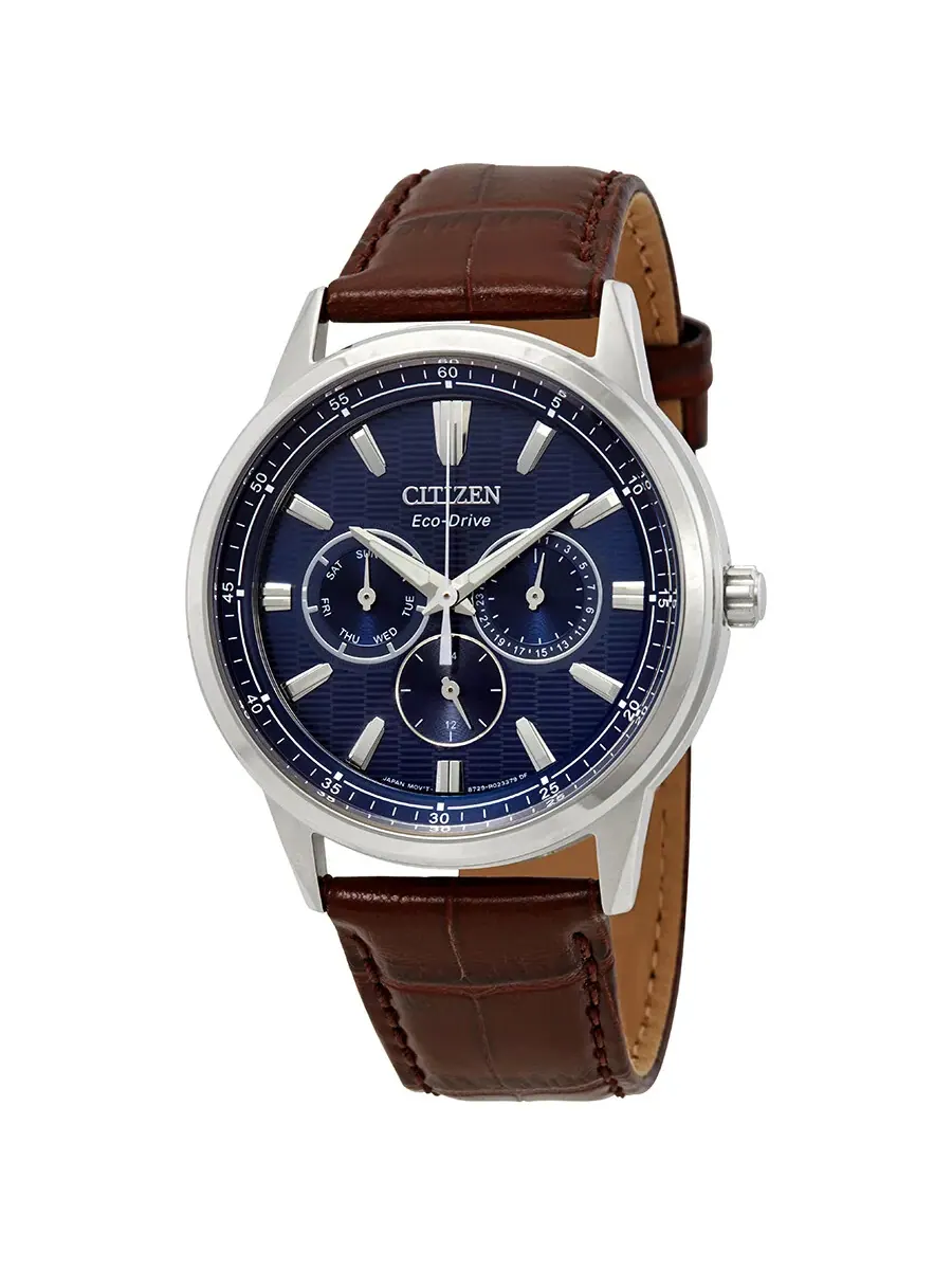 Мужские часы Citizen Corso с синим циферблатом и коричневым кожаным ремешком BU2070-12L — серебристый