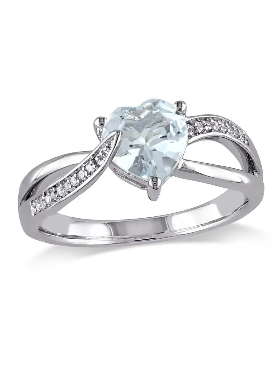 Кольцо Delmar Aquamarine и Diamond Heart с перекрестным дизайном из стерлингового серебра Amour — изображение 1 из 3