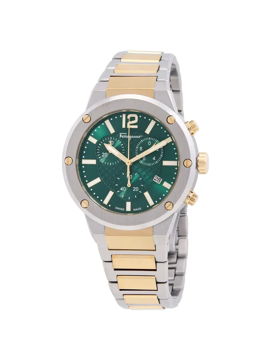 Мужские часы Ferragamo F-80 Chronograph Quartz с зеленым циферблатом SFJE00424 — изображение 1 из 3, оттенок серебряный