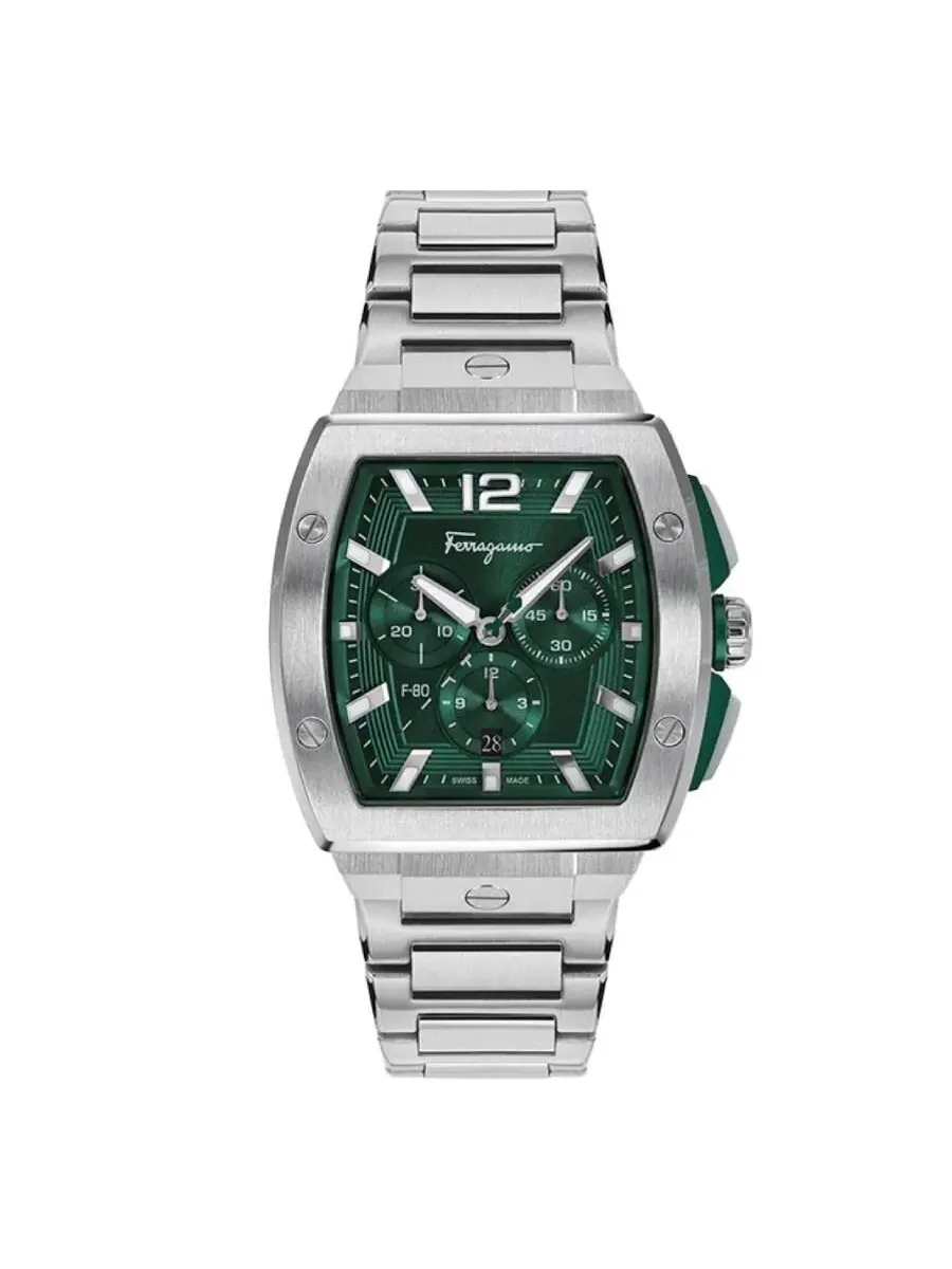 Мужские часы Ferragamo F-80 Chronograph Quartz с зеленым циферблатом SFKE00824
