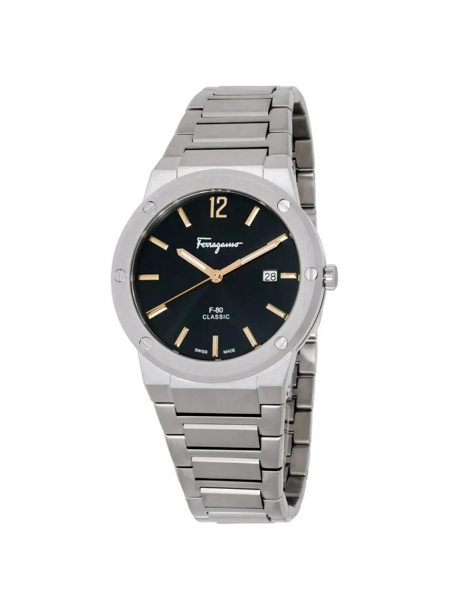 Мужские часы Ferragamo F-80 Classic Quartz с черным циферблатом SFDT02423 — изображение 1 из 3, оттенок серебряный
