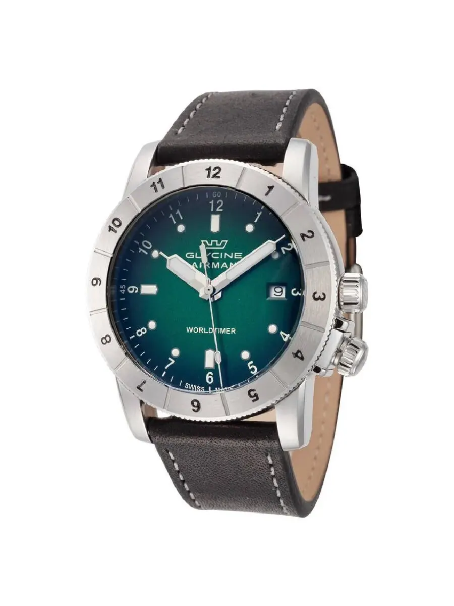 Glycine Airman Contemporary Worldtimer кварцевые мужские часы с зеленым циферблатом GL1021 — серебристый