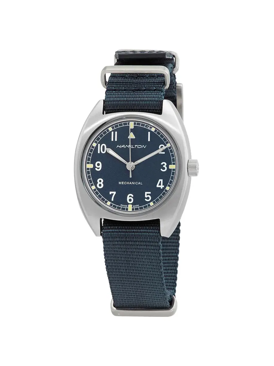 Мужские часы Hamilton Khaki Aviation Pilot Pioneer с ручным заводом и синим циферблатом H76419941 — серебристый