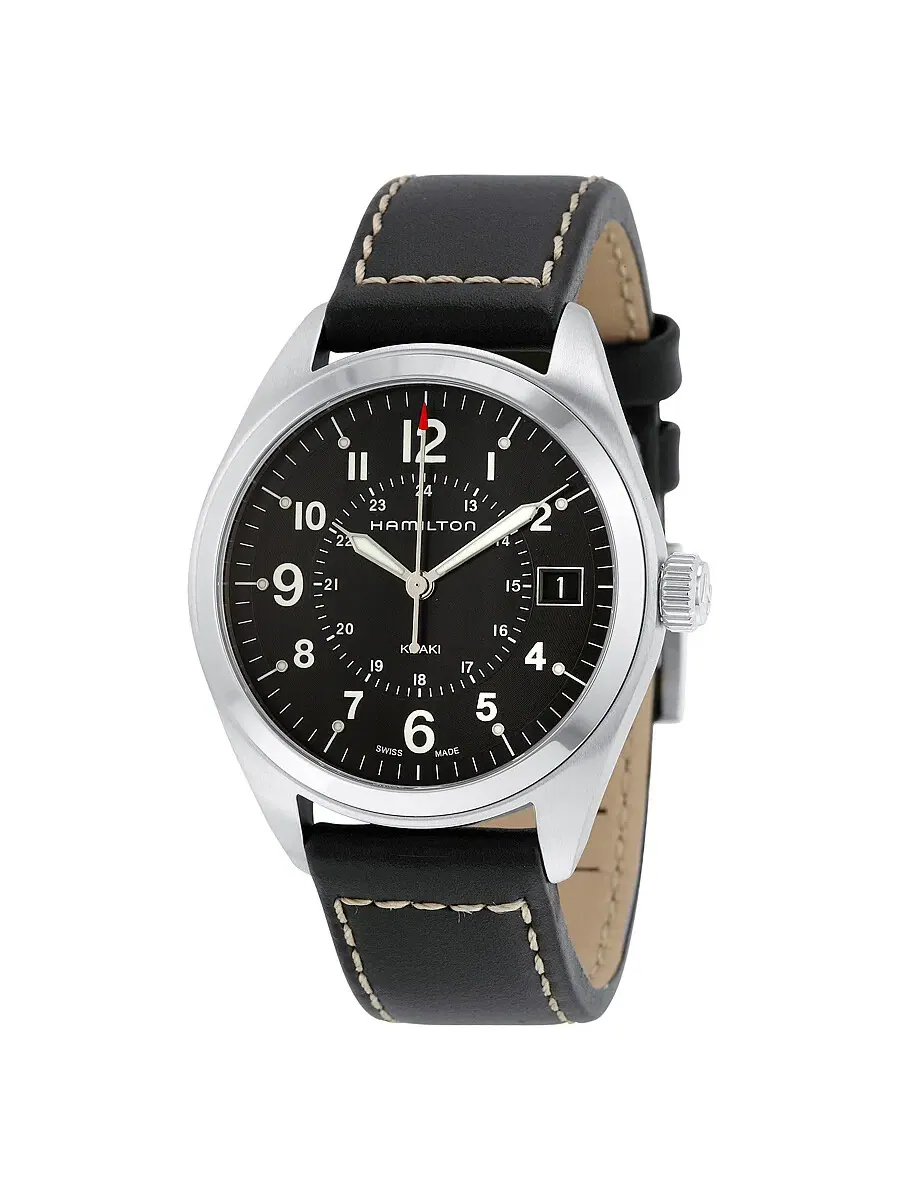 Часы Hamilton Khaki Field с черным циферблатом и черным кожаным ремешком, модель H68551733 — изображение 1 из 3