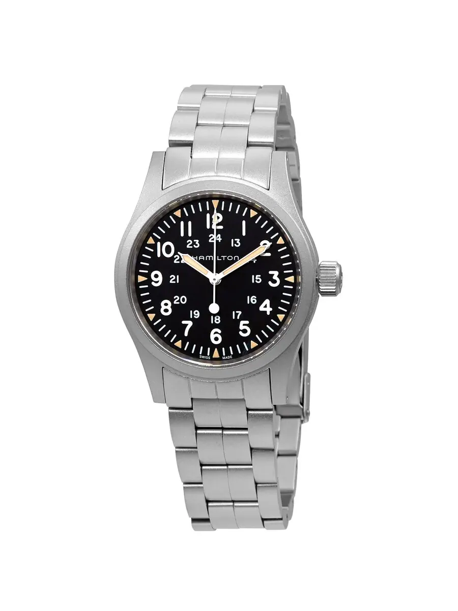 Мужские часы Hamilton Khaki Field Hand Wind с черным циферблатом H69439131 — изображение 1 из 3, оттенок серебряный