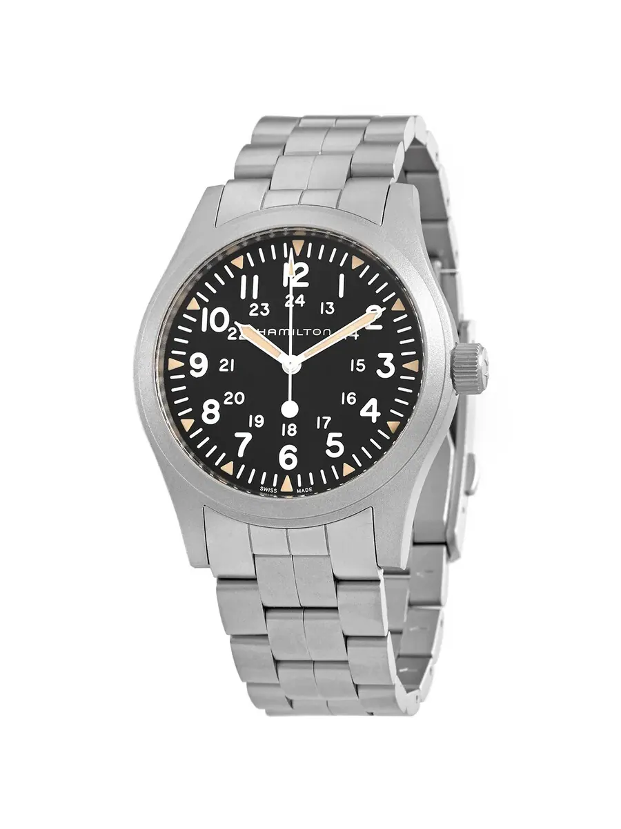 Мужские часы Hamilton Khaki Field Hand Wind с черным циферблатом H69529133 — серебристый