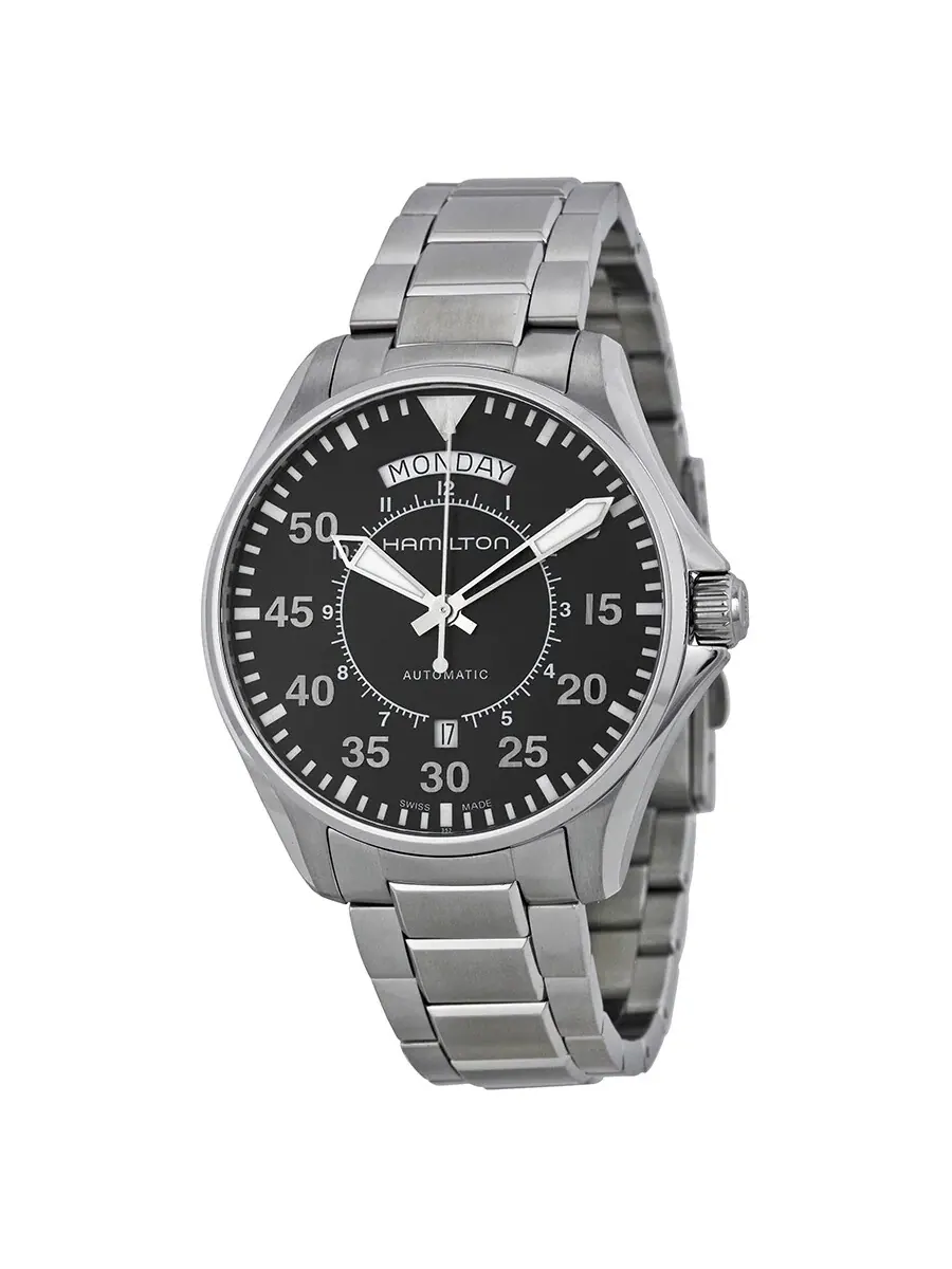 Мужские часы Hamilton Pilot Day Date Automatic с черным циферблатом H64615135 — изображение 1 из 4, оттенок серебряный