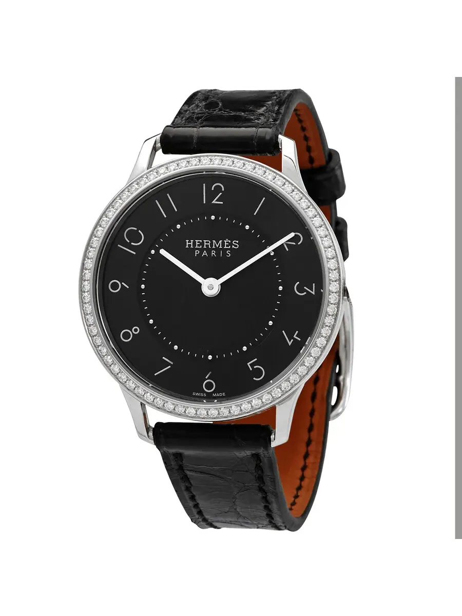 Женские часы Hermes Slim D Quartz с черным циферблатом и бриллиантами 044834WW00 — серебристый