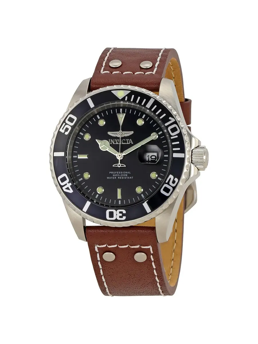 Мужские часы Invicta Pro Diver с черным циферблатом и коричневым кожаным ремешком 22069 — изображение 1 из 3