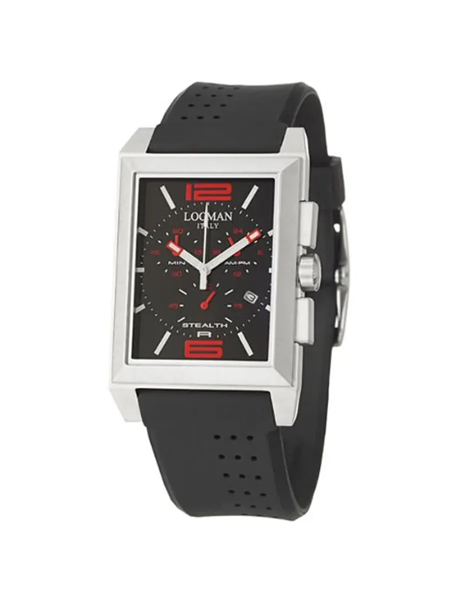 Мужские часы Locman Stealth R Chronograph с черным циферблатом и черным резиновым ремешком LO-242BKRD1BK — изображение 1 из 1