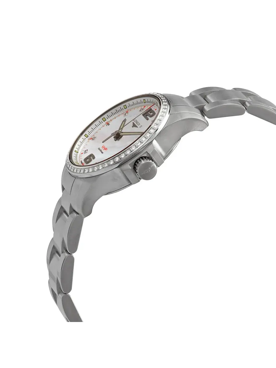 Женские часы Longines Conquest V.H.P. Quartz с бриллиантами и циферблатом из белого перламутра L3.316.0.87.6