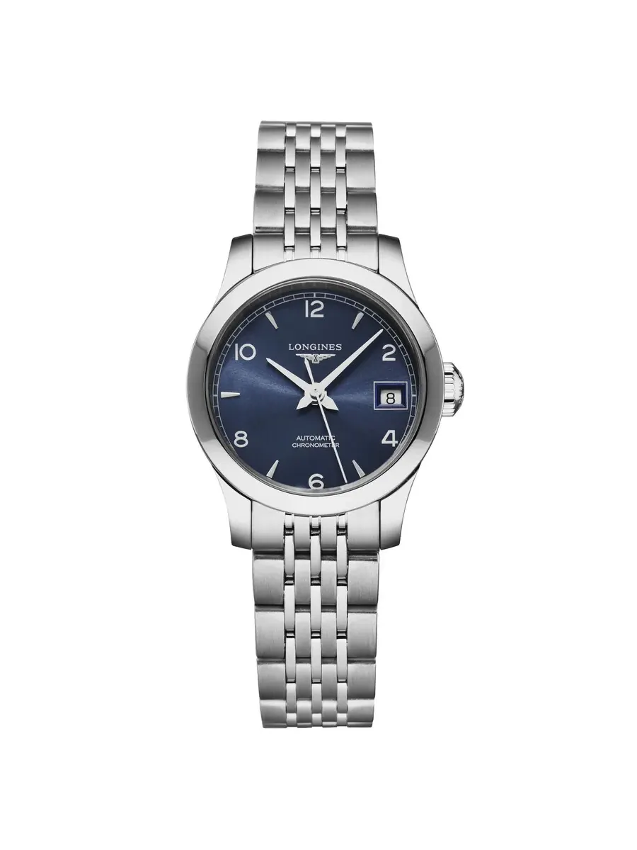 Женские автоматические часы Longines Record с синим циферблатом L2.320.4.96.6 — серебристый