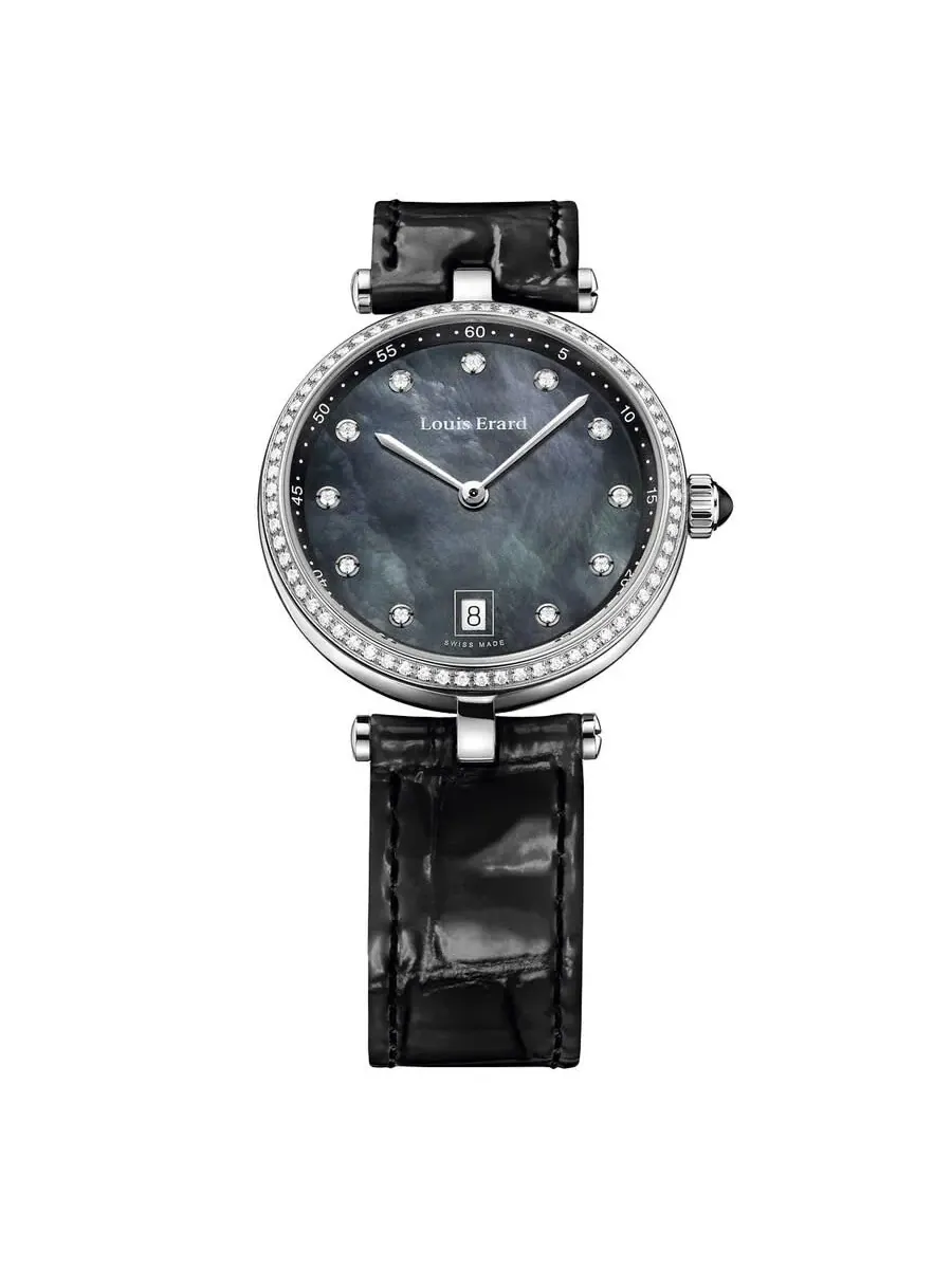 Женские часы Louis Erard Romance Quartz с черным циферблатом и бриллиантом 11810SE19.BDCB7 — серебристый