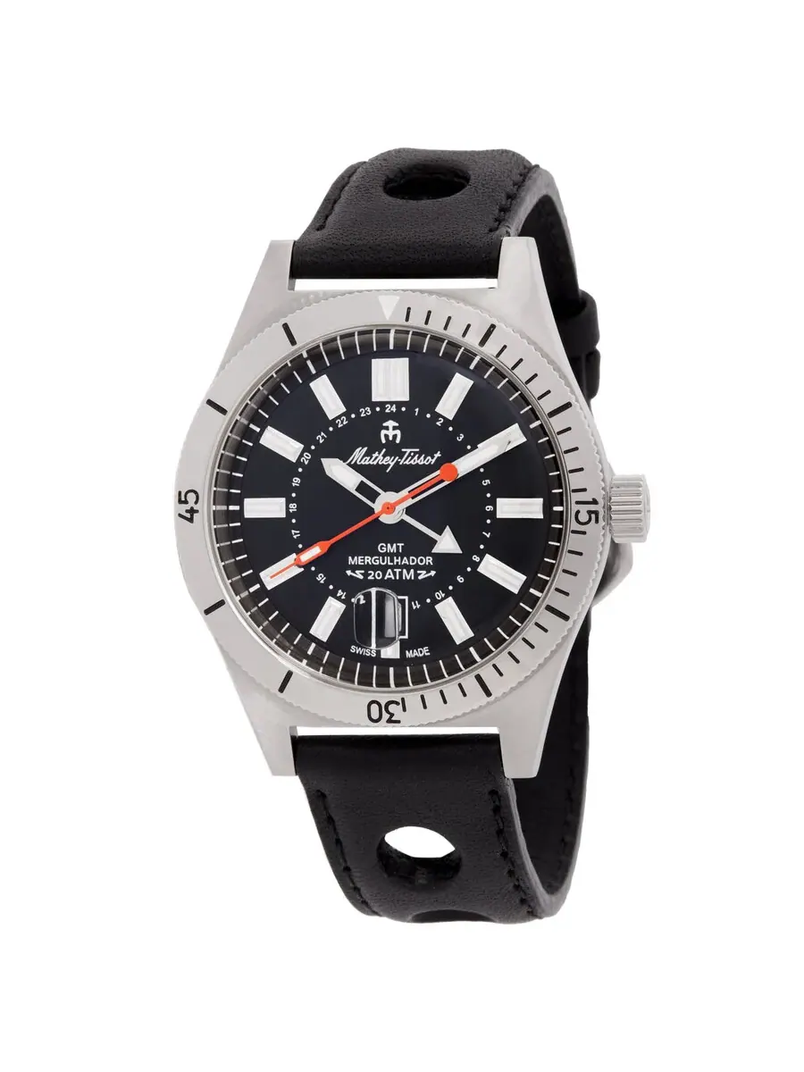 Мужские часы Mathey-Tissot Mergulhador GMT Quartz с черным циферблатом MRGAN — серебристый