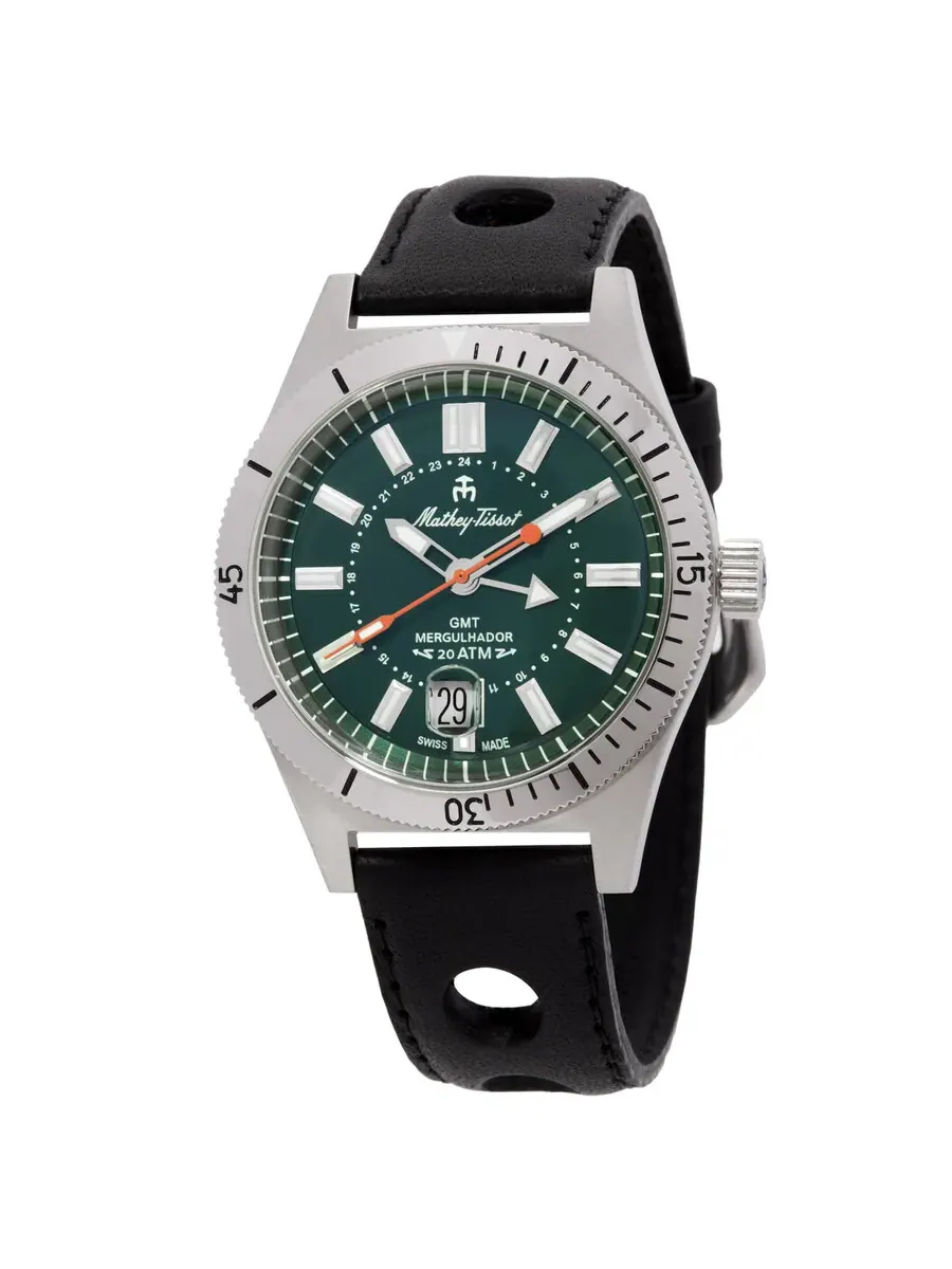 Мужские часы Mathey-Tissot Mergulhador GMT Quartz с зеленым циферблатом MRGAV — серебристый