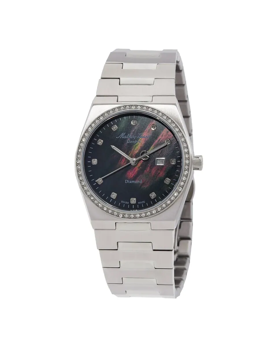 Женские часы Mathey-Tissot Zeus с кварцевым механизмом и черным циферблатом с бриллиантами D118SAN — серебристый