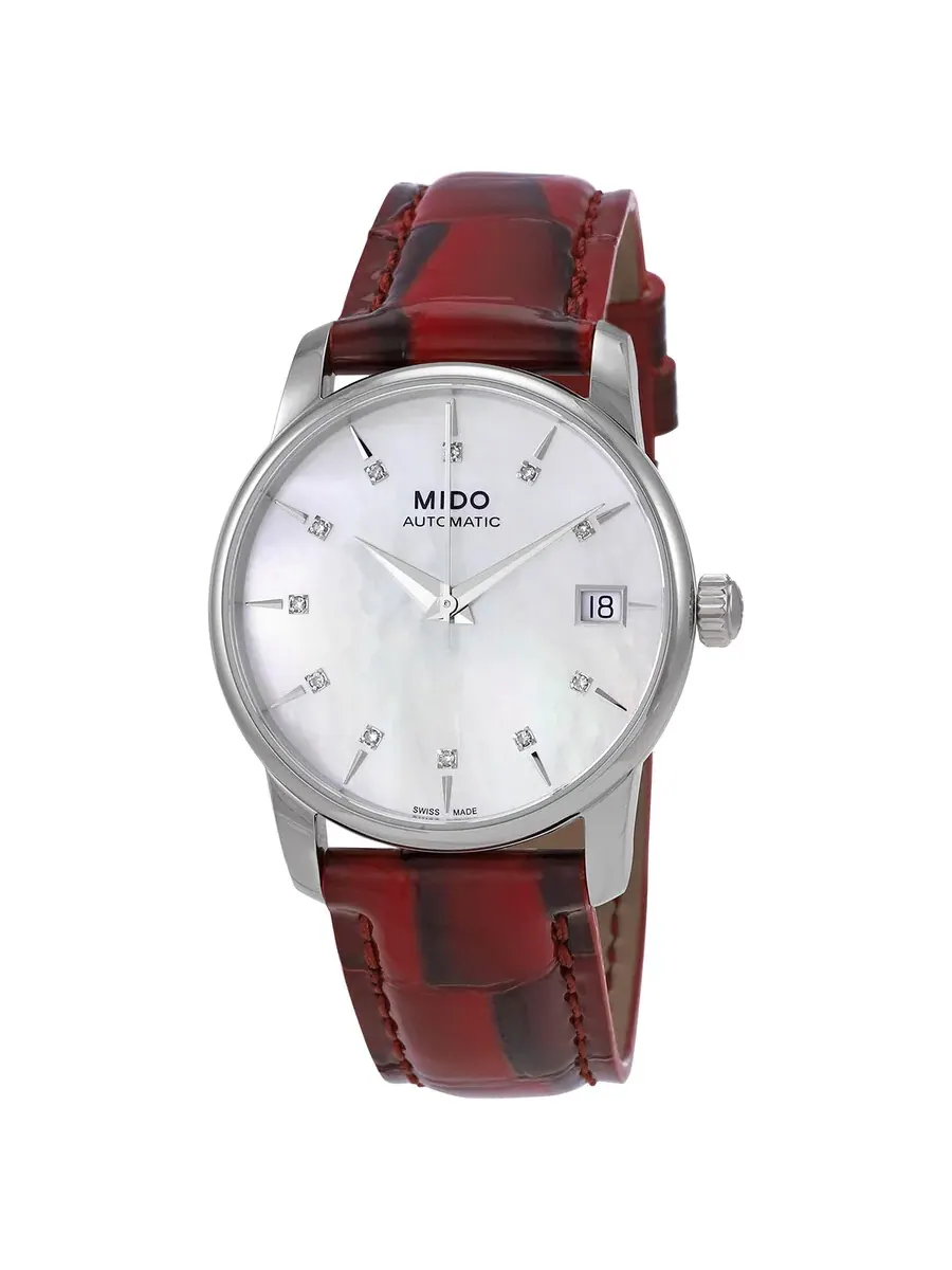Женские часы Mido Baroncelli Automatic с белым перламутровым циферблатом и бриллиантами M0072071610600 — серебристый