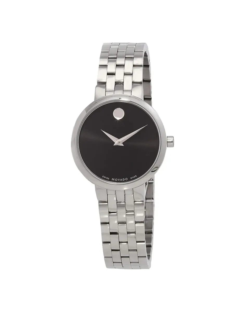 Женские часы Movado Museum Classic с кварцевым механизмом и черным циферблатом 0607813 — серебристый
