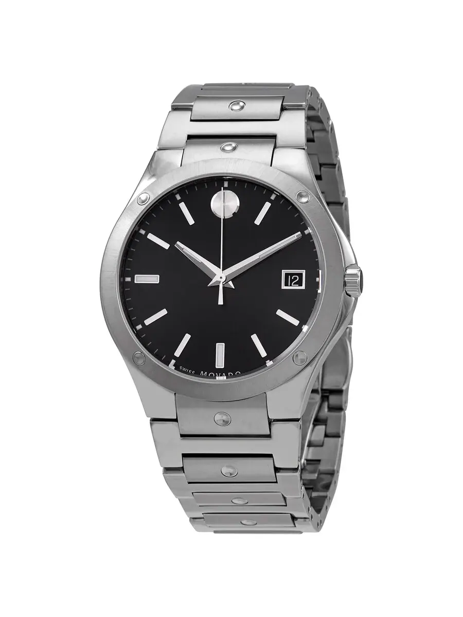 Часы Movado SE Quartz с черным циферблатом для мужчин и женщин 0607541 — изображение 1 из 3, оттенок серебряный