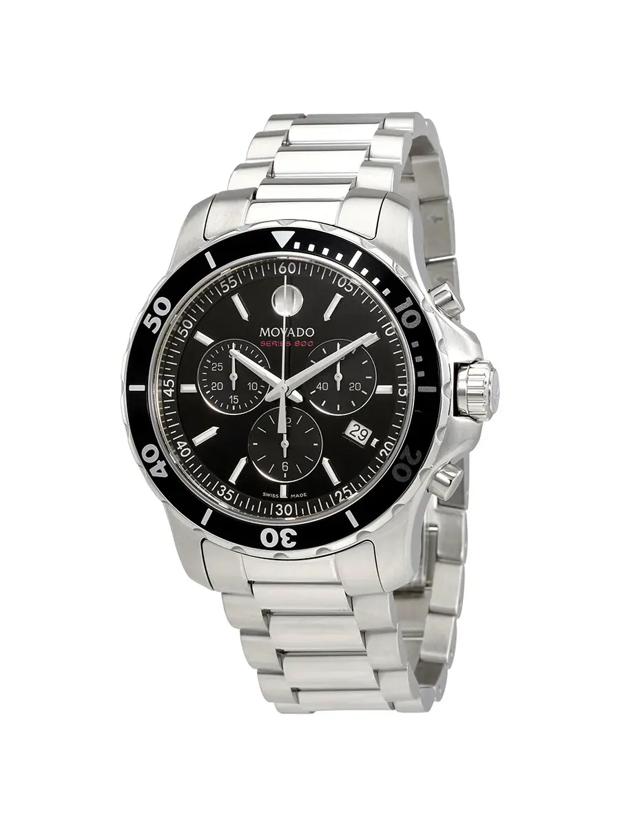 Мужские часы Movado Series 800 с хронографом и черным циферблатом, модель 2600142 — изображение 1 из 3, оттенок серебряный