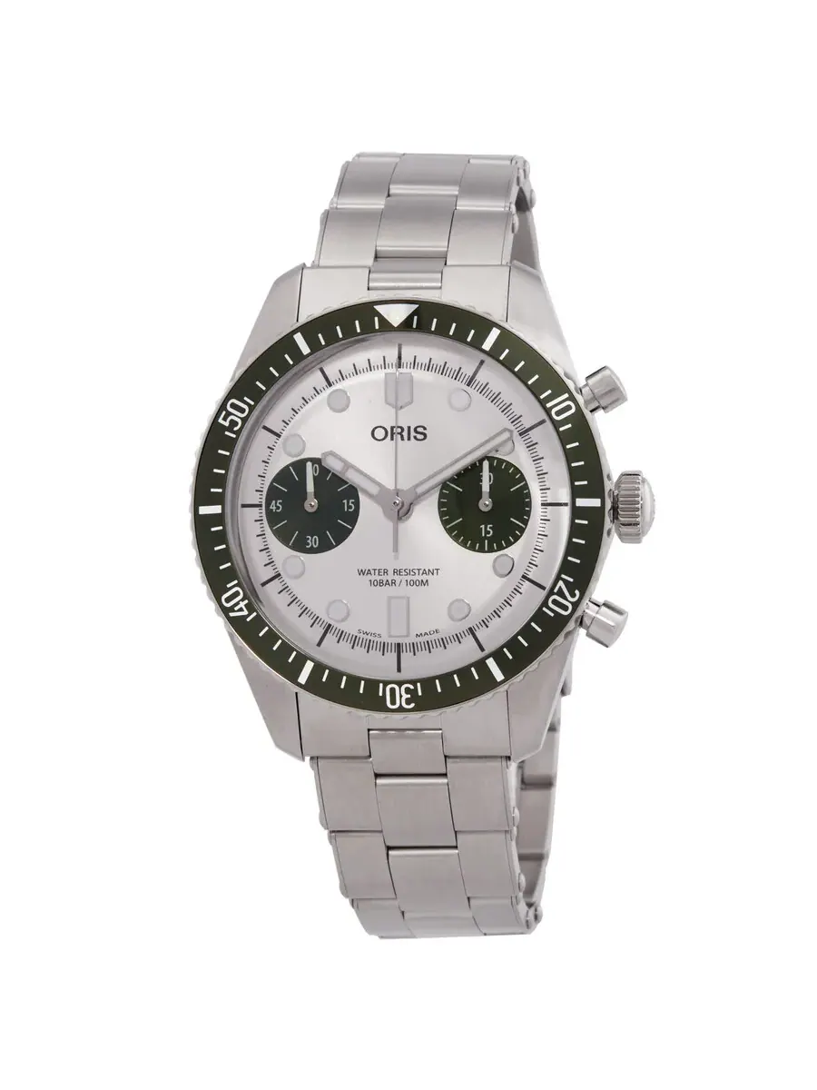 Мужские часы Oris Divers Sixty-Five Chronograph Automatic с серебристым циферблатом 01 771 7791 4051-07 8 20 18 — зеленый