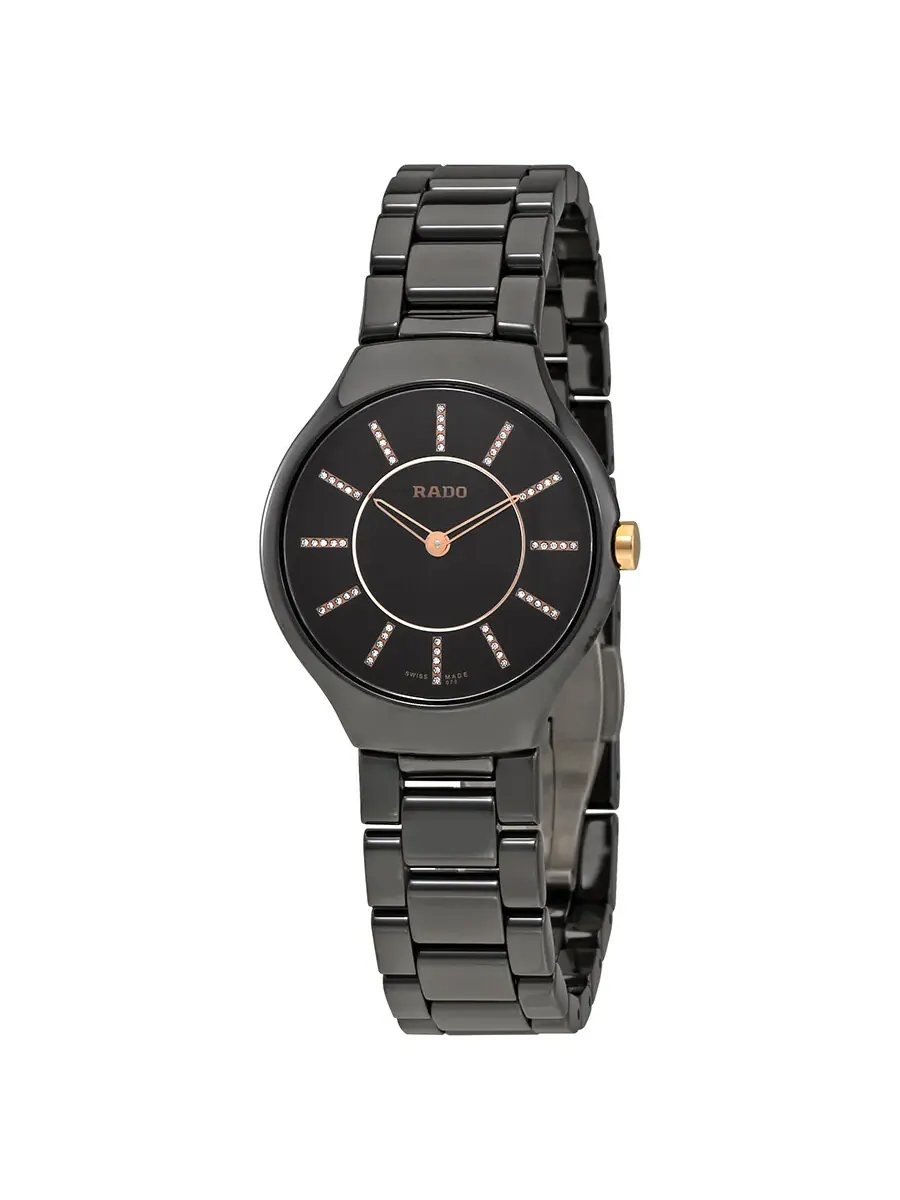 Женские керамические часы Rado True с черным циферблатом и бриллиантовыми метками R27742702 — изображение 1 из 3