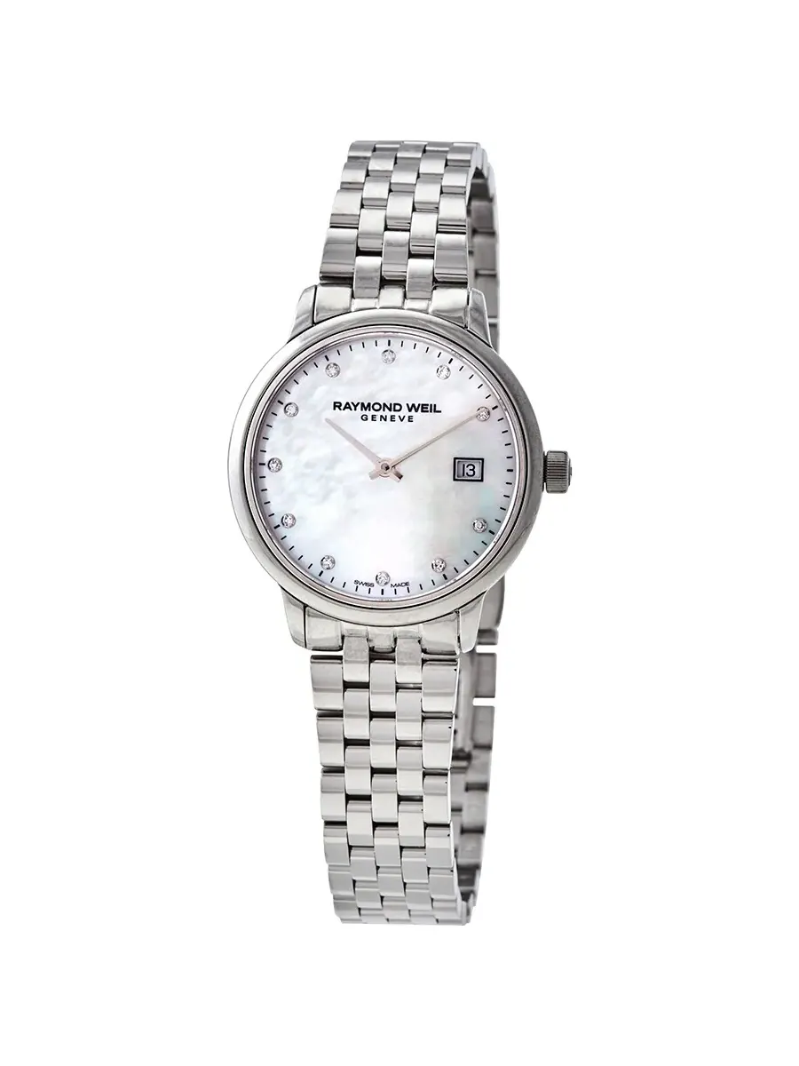 Женские часы Raymond Weil Toccata Quartz с белым перламутровым циферблатом и бриллиантами 5985-ST-97081 — серебристый
