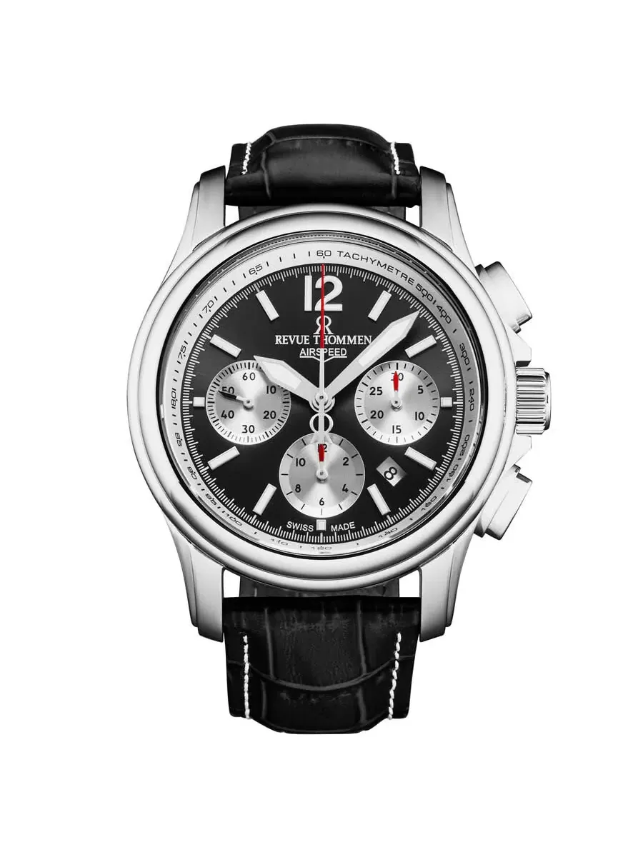 Мужские часы Revue Thommen Air Speed Chronograph Automatic с черным циферблатом, модель 16041.6337 — серебристый