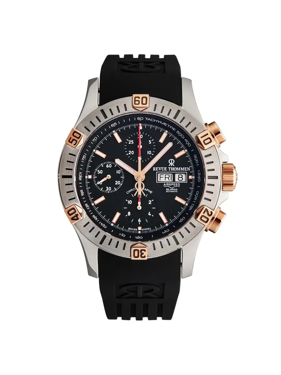 Мужские часы Revue Thommen Air Speed XL Chronograph Automatic с черным циферблатом 16071.6859 — серебристый