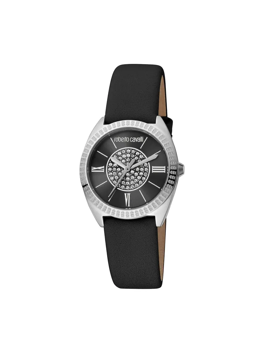 Женские кварцевые часы Roberto Cavalli с черным циферблатом, модель RC5L022L0015 — серебристый