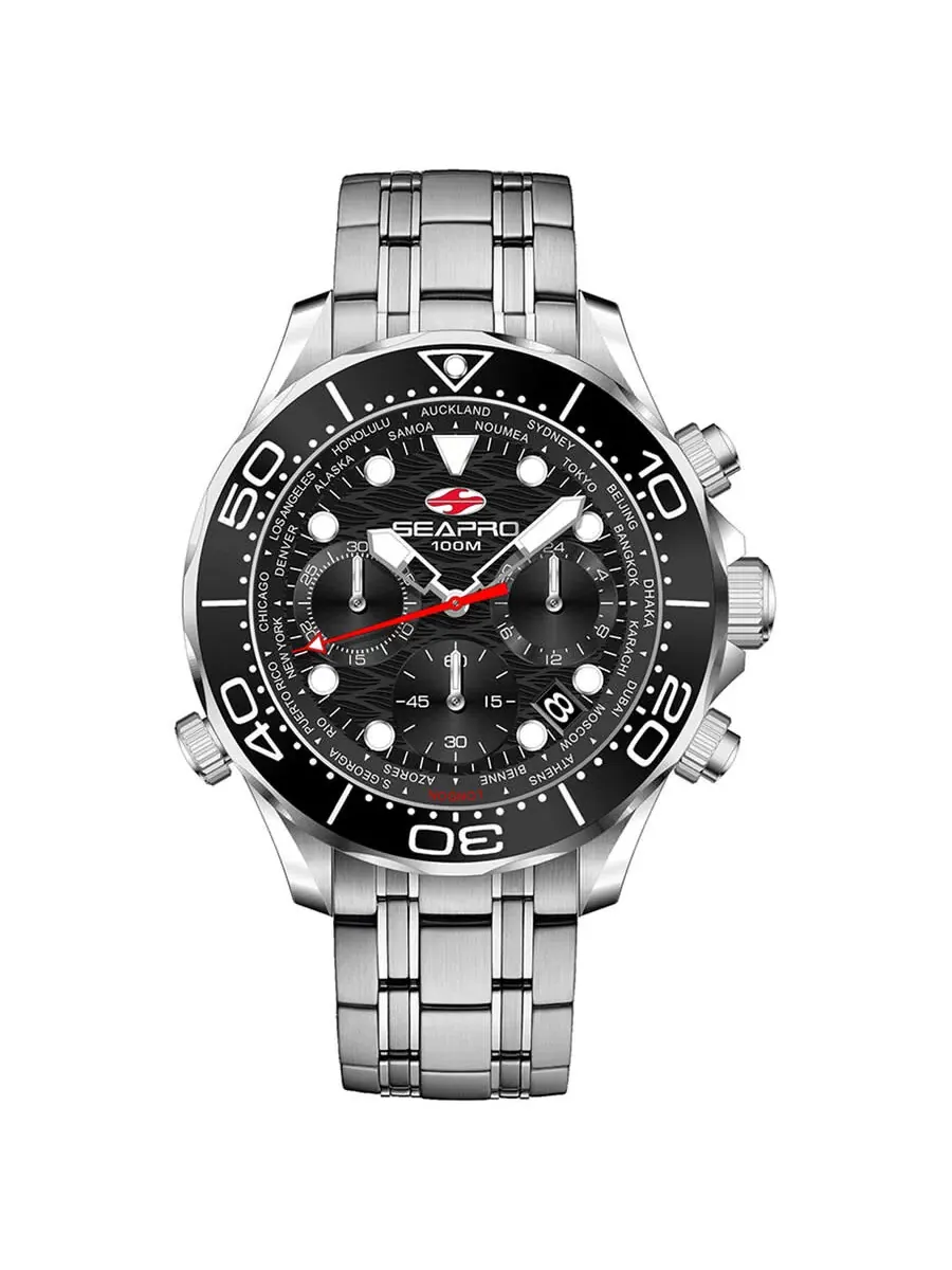 Мужские часы Seapro Mondial Timer Chronograph Quartz с черным циферблатом SP0150
