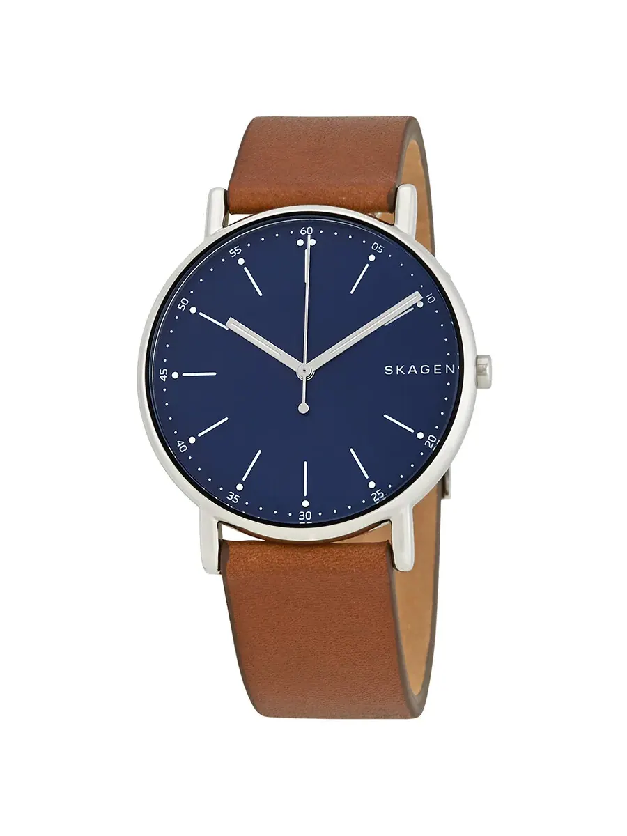 Мужские часы Skagen Signature с синим циферблатом и коричневым кожаным ремешком SKW6355 — серебристый