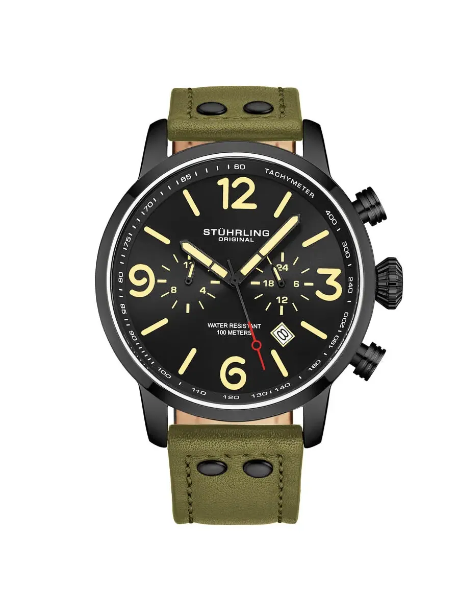Мужские часы Stuhrling Original Aviator Chronograph Quartz с черным циферблатом M17965 — изображение 1 из 4, оттенок черный