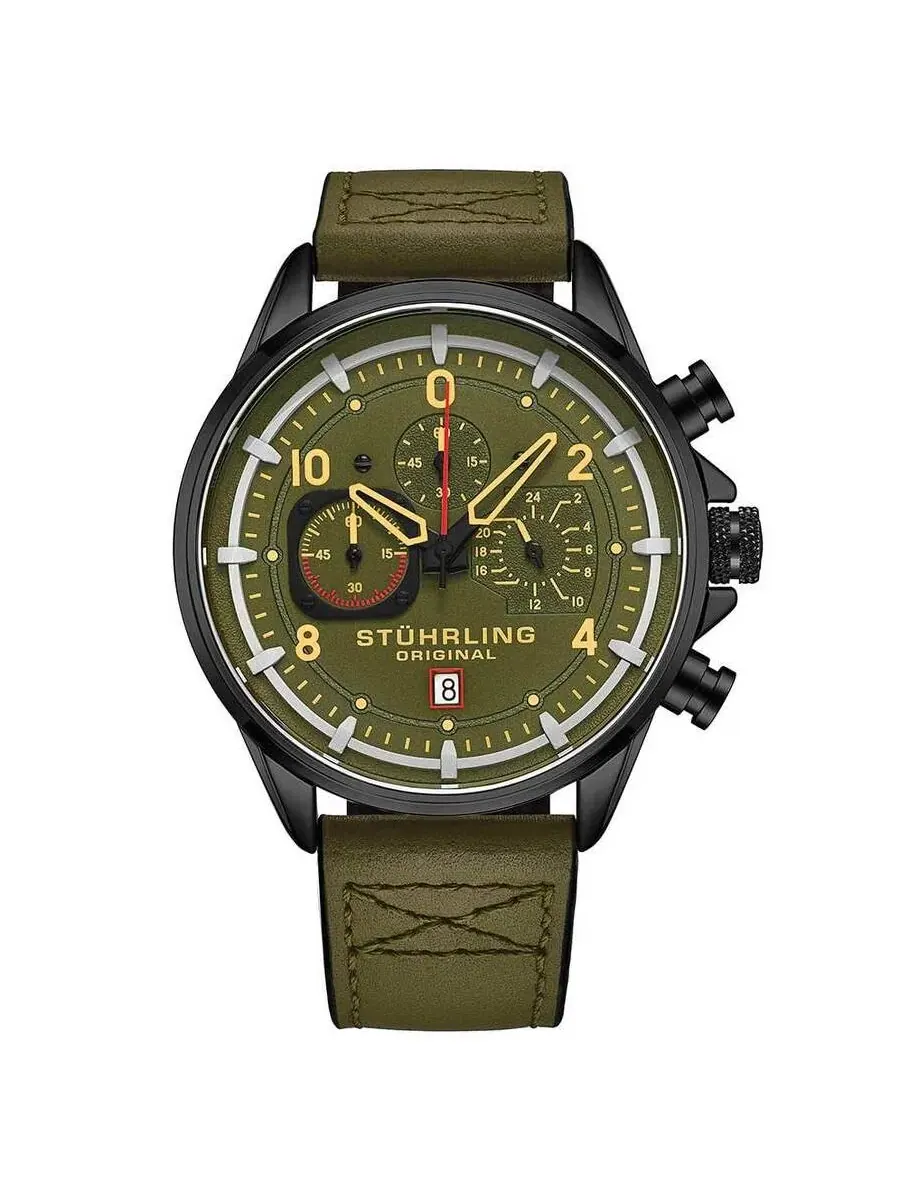 Мужские часы Stuhrling Original Aviator с зеленым циферблатом, модель M15555 — изображение 1 из 1, оттенок черный
