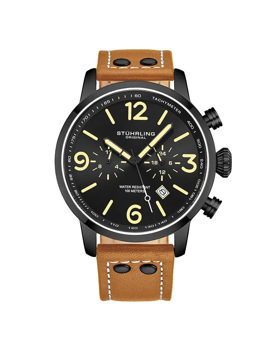 Мужские кварцевые часы Stuhrling Original Aviator с черным циферблатом, модель M13648 — изображение 1 из 2, оттенок черный