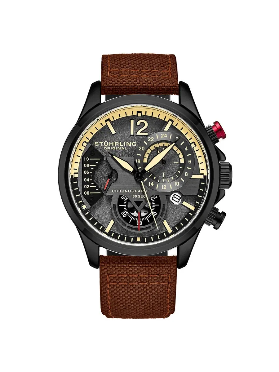 Мужские кварцевые часы Stuhrling Original Aviator Chronograph с серым циферблатом, модель M17974 — изображение 1 из 3