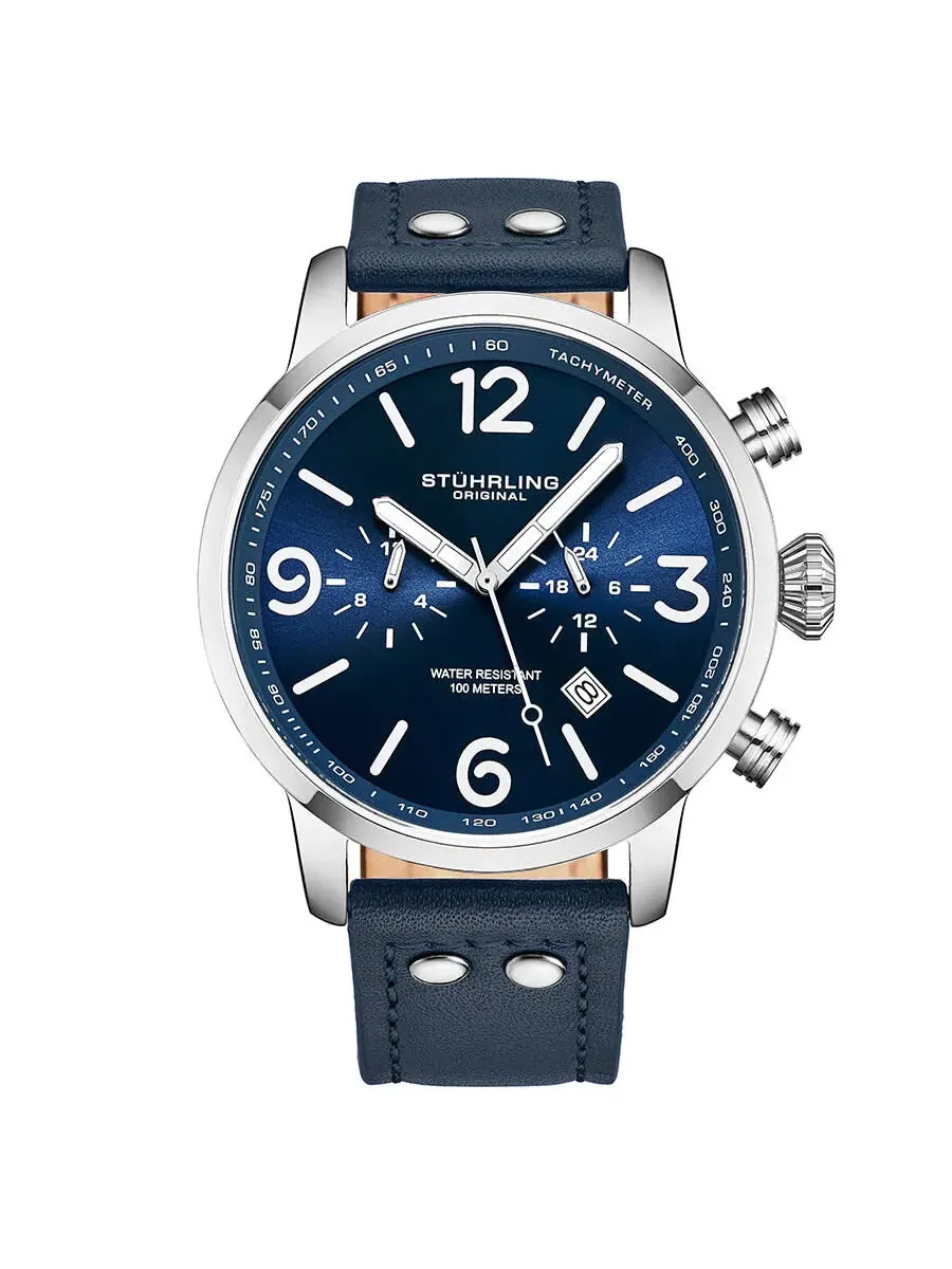 Мужские кварцевые часы Stuhrling Original Aviator с синим циферблатом, модель M13650 — изображение 1 из 2, оттенок серебряный