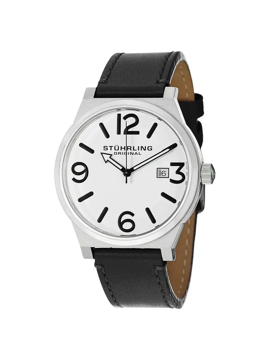 Мужские часы Stuhrling Original Aviator с белым циферблатом и черным кожаным ремешком M15278 — изображение 1 из 1