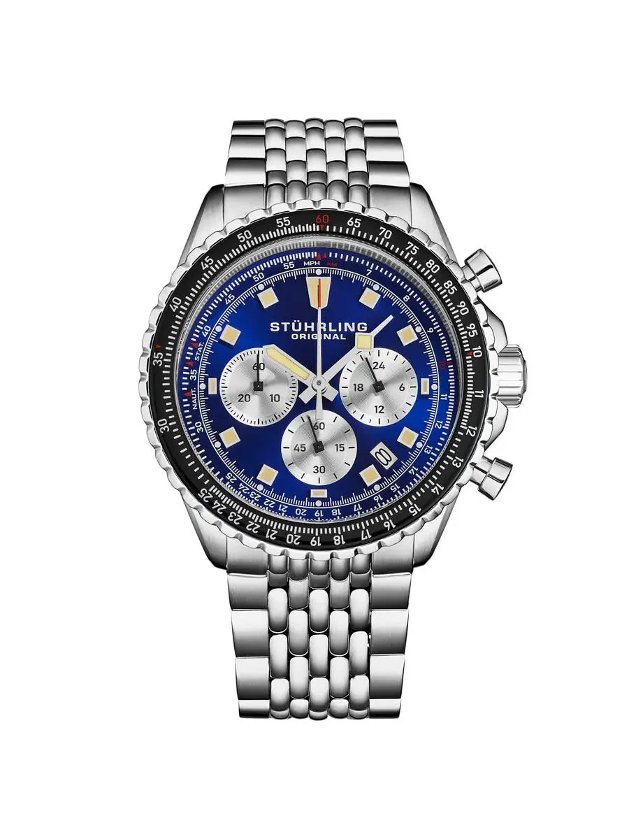 Мужские часы Stuhrling Original Monaco Chronograph Quartz с синим циферблатом M18216 — изображение 1 из 3, оттенок черный