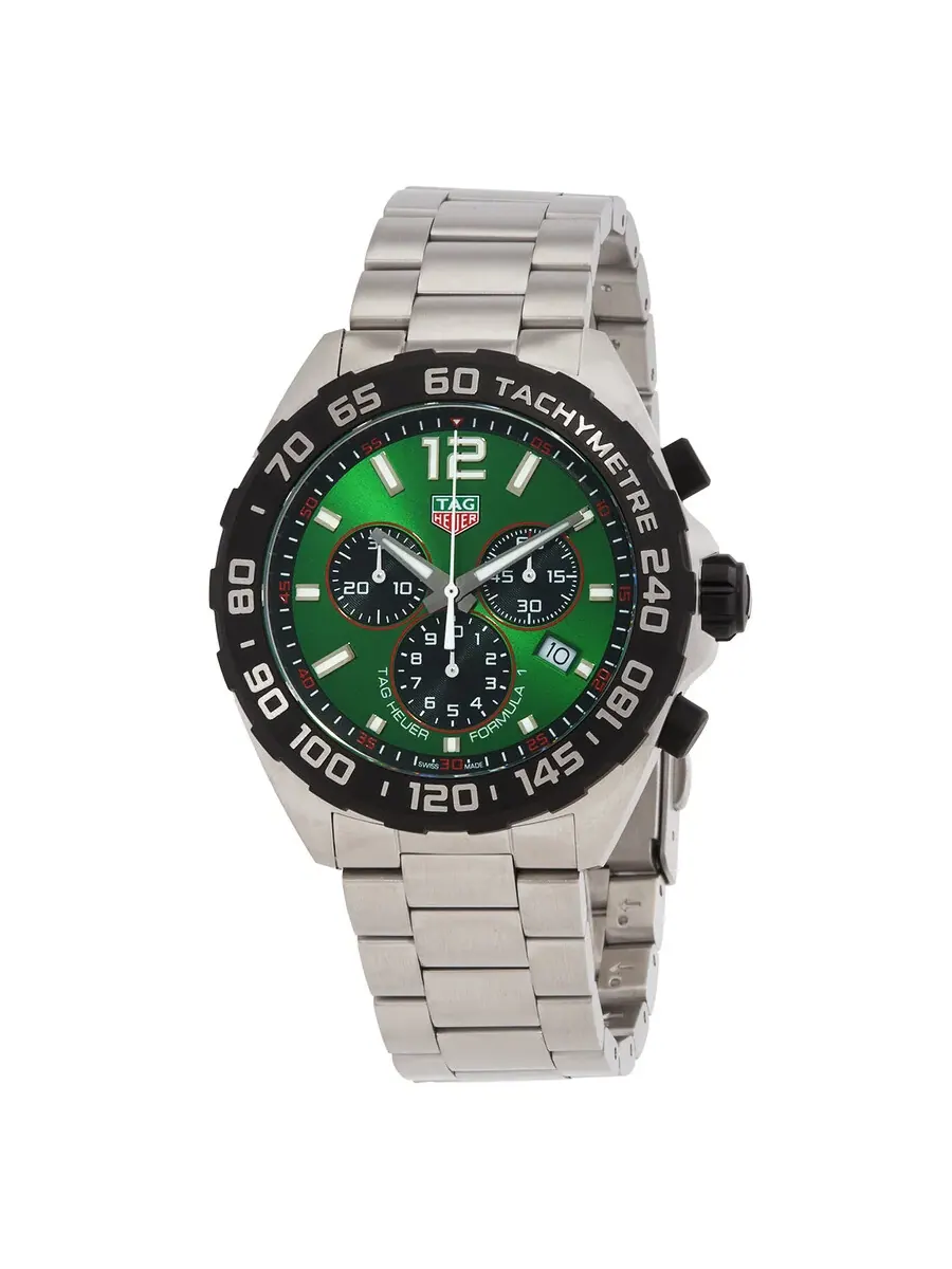 Мужские кварцевые часы Tag Heuer Formula 1 Chronograph 43mm с зеленым циферблатом CAZ101AP.BA0842 — черный