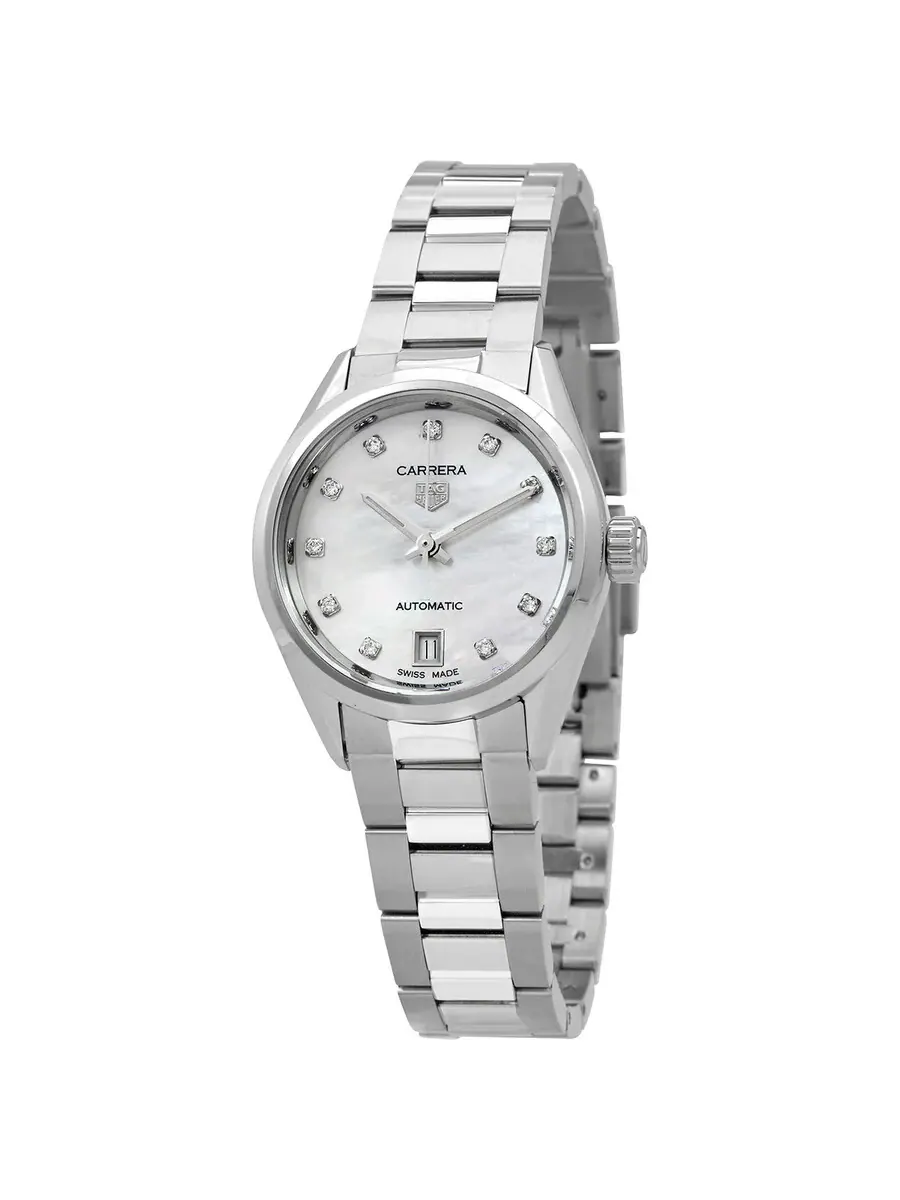 Женские часы Tag Heuer Carrera Automatic с белым циферблатом и бриллиантами WBN2412-BA0621 — серебристый