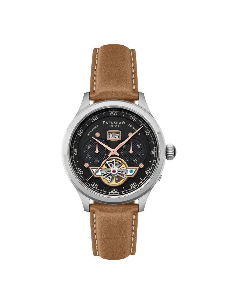 Мужские часы Thomas Earnshaw Baron Grand Date Calendar с открытым механизмом, черным циферблатом ES-8187-05 — серебристый
