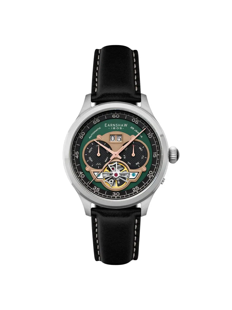 Мужские часы Thomas Earnshaw Baron Grand Date Calendar с открытым механизмом и зеленым циферблатом ES-8187-07 — серебристый