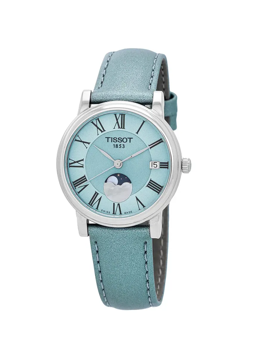 Женские часы Tissot Carson Moon Phase Quartz с голубым циферблатом T122.223.16.353.00 — серебристый